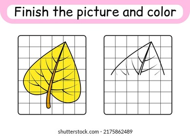Complete the picture leaf birch. Copy the picture and color. Finish the image. Coloring book. Educational drawing exercise game for children. Vector illustration