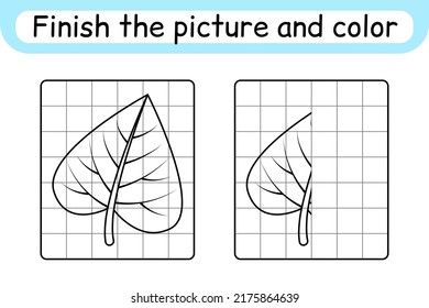 Complete the picture leaf birch. Copy the picture and color. Finish the image. Coloring book. Educational drawing exercise game for children. Vector illustration