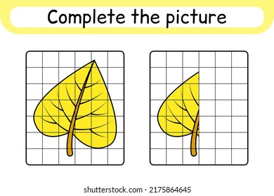 Complete the picture leaf birch. Copy the picture and color. Finish the image. Coloring book. Educational drawing exercise game for children. Vector illustration