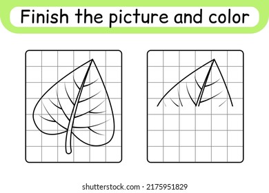 Complete the picture leaf birch. Copy the picture and color. Finish the image. Coloring book. Educational drawing exercise game for children. Vector illustration