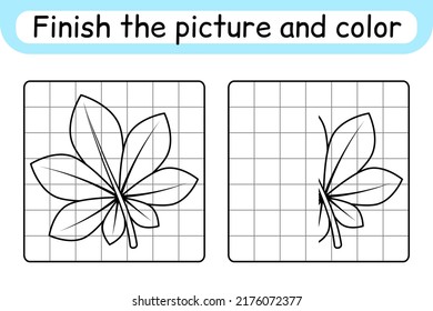 Complete the picture leaf chestnut. Copy the picture and color. Finish the image. Coloring book. Educational drawing exercise game for children. Vector illustration