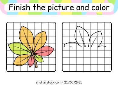 Complete the picture leaf chestnut. Copy the picture and color. Finish the image. Coloring book. Educational drawing exercise game for children. Vector illustration