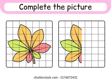 Complete the picture leaf chestnut. Copy the picture and color. Finish the image. Coloring book. Educational drawing exercise game for children. Vector illustration