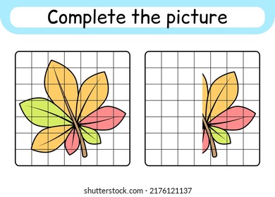 Complete the picture leaf chestnut. Copy the picture and color. Finish the image. Coloring book. Educational drawing exercise game for children. Vector illustration