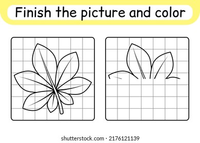 Complete the picture leaf chestnut. Copy the picture and color. Finish the image. Coloring book. Educational drawing exercise game for children. Vector illustration