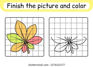 Complete the picture leaf chestnut. Copy the picture and color. Finish the image. Coloring book. Educational drawing exercise game for children. Vector illustration