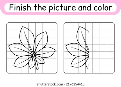 Complete the picture leaf chestnut. Copy the picture and color. Finish the image. Coloring book. Educational drawing exercise game for children. Vector illustration