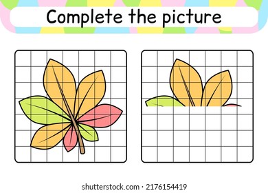 Complete the picture leaf chestnut. Copy the picture and color. Finish the image. Coloring book. Educational drawing exercise game for children. Vector illustration