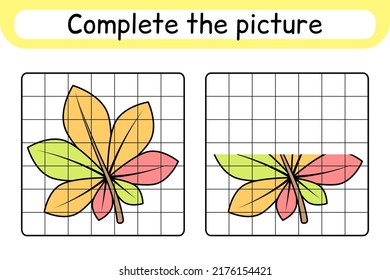 Complete the picture leaf chestnut. Copy the picture and color. Finish the image. Coloring book. Educational drawing exercise game for children. Vector illustration