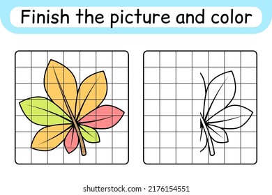 Complete the picture leaf chestnut. Copy the picture and color. Finish the image. Coloring book. Educational drawing exercise game for children. Vector illustration