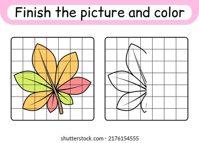 Complete the picture leaf chestnut. Copy the picture and color. Finish the image. Coloring book. Educational drawing exercise game for children. Vector illustration