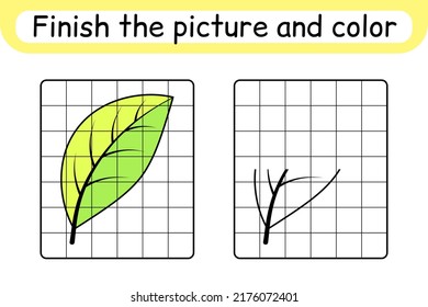 Complete the picture leaf. Copy the picture and color. Finish the image. Coloring book. Educational drawing exercise game for children. Vector illustration