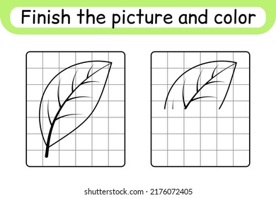 Complete the picture leaf. Copy the picture and color. Finish the image. Coloring book. Educational drawing exercise game for children. Vector illustration