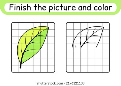 Complete the picture leaf. Copy the picture and color. Finish the image. Coloring book. Educational drawing exercise game for children. Vector illustration
