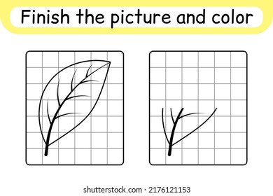 Complete the picture leaf. Copy the picture and color. Finish the image. Coloring book. Educational drawing exercise game for children. Vector illustration