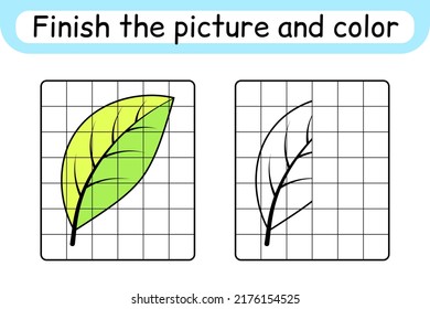 Complete the picture leaf. Copy the picture and color. Finish the image. Coloring book. Educational drawing exercise game for children. Vector illustration