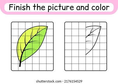 Complete the picture leaf. Copy the picture and color. Finish the image. Coloring book. Educational drawing exercise game for children. Vector illustration