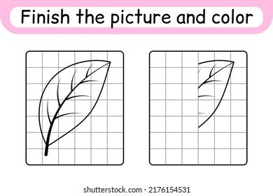 Complete the picture leaf. Copy the picture and color. Finish the image. Coloring book. Educational drawing exercise game for children. Vector illustration