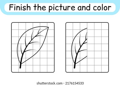 Complete the picture leaf. Copy the picture and color. Finish the image. Coloring book. Educational drawing exercise game for children. Vector illustration