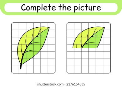 Complete the picture leaf. Copy the picture and color. Finish the image. Coloring book. Educational drawing exercise game for children. Vector illustration