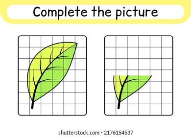 Complete the picture leaf. Copy the picture and color. Finish the image. Coloring book. Educational drawing exercise game for children. Vector illustration