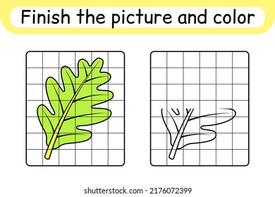 Complete the picture leaf oak. Copy the picture and color. Finish the image. Coloring book. Educational drawing exercise game for children. Vector illustration
