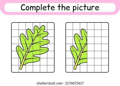 Complete the picture leaf oak. Copy the picture and color. Finish the image. Coloring book. Educational drawing exercise game for children. Vector illustration