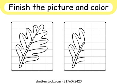 Complete the picture leaf oak. Copy the picture and color. Finish the image. Coloring book. Educational drawing exercise game for children. Vector illustration