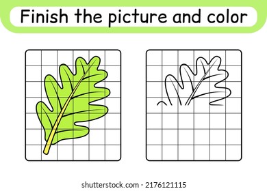 Complete the picture leaf oak. Copy the picture and color. Finish the image. Coloring book. Educational drawing exercise game for children. Vector illustration