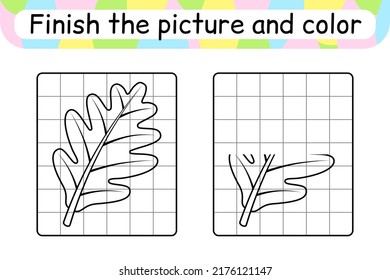 Complete the picture leaf oak. Copy the picture and color. Finish the image. Coloring book. Educational drawing exercise game for children. Vector illustration