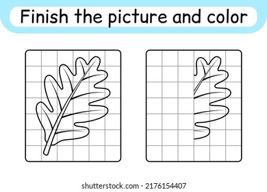 Complete the picture leaf oak. Copy the picture and color. Finish the image. Coloring book. Educational drawing exercise game for children. Vector illustration