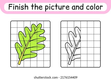 Complete the picture leaf oak. Copy the picture and color. Finish the image. Coloring book. Educational drawing exercise game for children. Vector illustration
