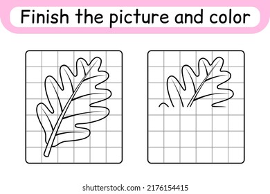 Complete the picture leaf oak. Copy the picture and color. Finish the image. Coloring book. Educational drawing exercise game for children. Vector illustration