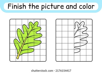 Complete the picture leaf oak. Copy the picture and color. Finish the image. Coloring book. Educational drawing exercise game for children. Vector illustration