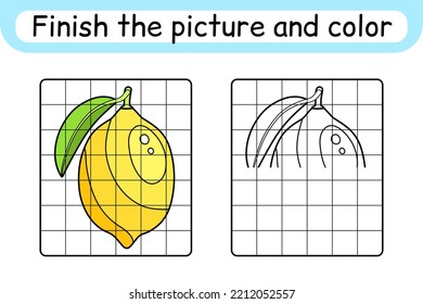 Complete the picture lemon. Copy the picture and color. Finish the image. Coloring book. Educational drawing exercise game for children. Vector illustration