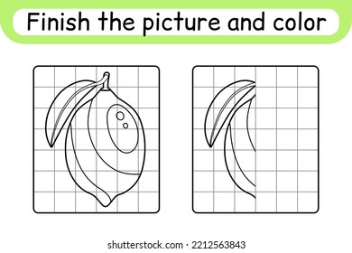 Complete the picture lemon. Copy the picture and color. Finish the image. Coloring book. Educational drawing exercise game for children. Vector illustration