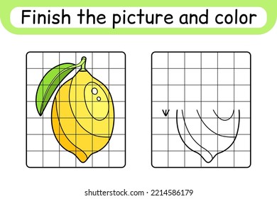 Complete the picture lemon. Copy the picture and color. Finish the image. Coloring book. Educational drawing exercise game for children. Vector illustration