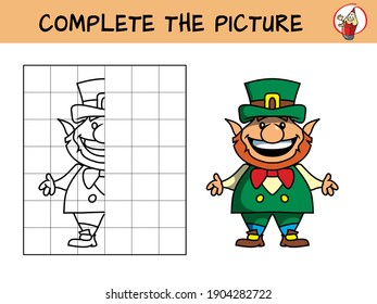 Complete the picture of a leprechaun. Copy the picture. Coloring book. Educational game for children. Cartoon vector illustration