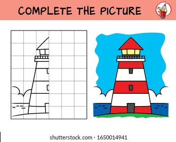 Completa el cuadro de un faro.Copia la imagen. Libro de colorear.  Juego educativo para niños. Ilustración vectorial de dibujos animados