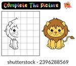 Complete the picture of a lion. Copy the picture. Coloring book. Educational game for children. Cartoon vector illustration