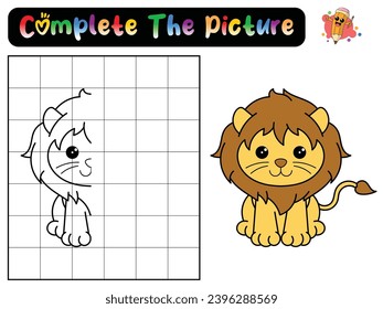 Complete the picture of a lion. Copy the picture. Coloring book. Educational game for children. Cartoon vector illustration