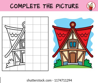 Complete the picture of a little house. Copy the picture. Coloring book. Educational game for children. Cartoon vector illustration