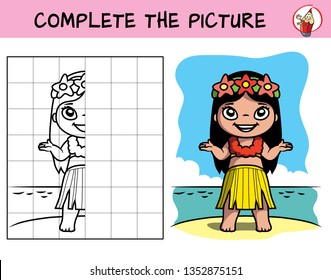 Complete the picture of a little hula girl. Copy the picture. Coloring book. Educational game for children. Cartoon vector illustration