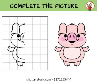 Complete the picture of a little pig. Copy the picture. Coloring book. Educational game for children. Cartoon vector illustration