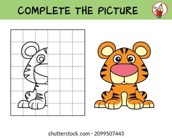 Complete the picture of a little tiger. Copy the picture. Coloring book. Educational game for children. Cartoon vector illustration