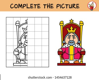 Complete the picture of a medieval king. Copy the picture. Coloring book. Educational game for children. Cartoon vector illustration