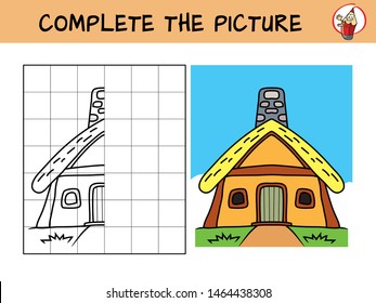 Complete the picture of a medieval old house. Copy the picture. Coloring book. Educational game for children. Cartoon vector illustration