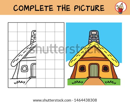 Complete the picture of a medieval old house. Copy the picture. Coloring book. Educational game for children. Cartoon vector illustration