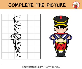 Complete the picture of a military marching band's drummer. Copy the picture. Coloring book. Educational game for children. Cartoon vector illustration