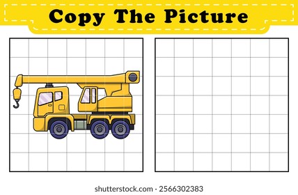 Complete the picture of a Mobile crane. Copy the picture. Coloring book. Educational game for children. Cartoon vector illustration